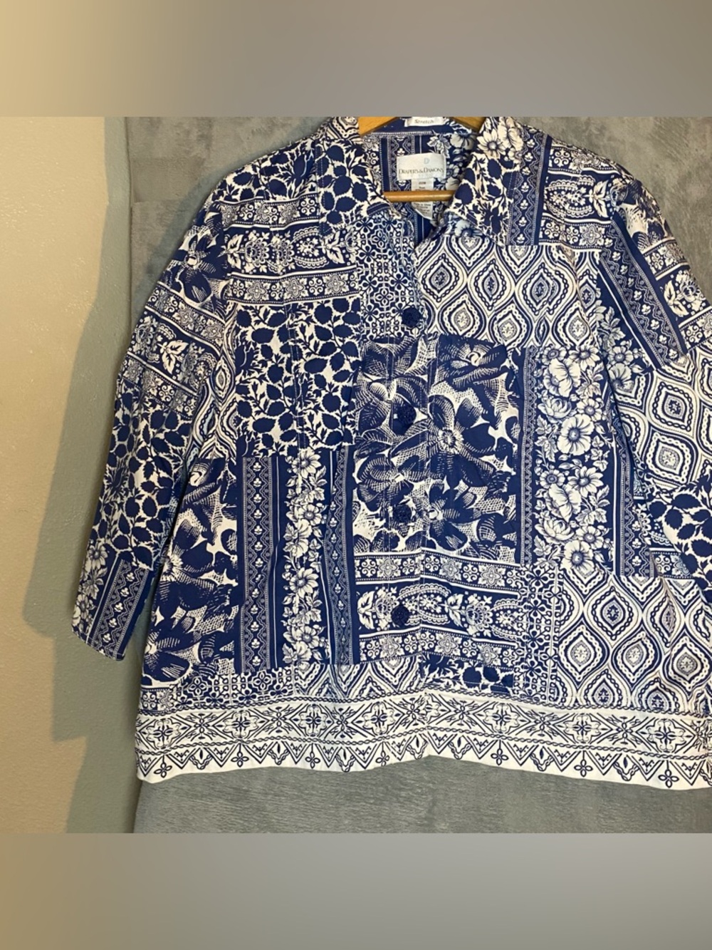 Blue and White Patchwork Floral Button-Up Shirt